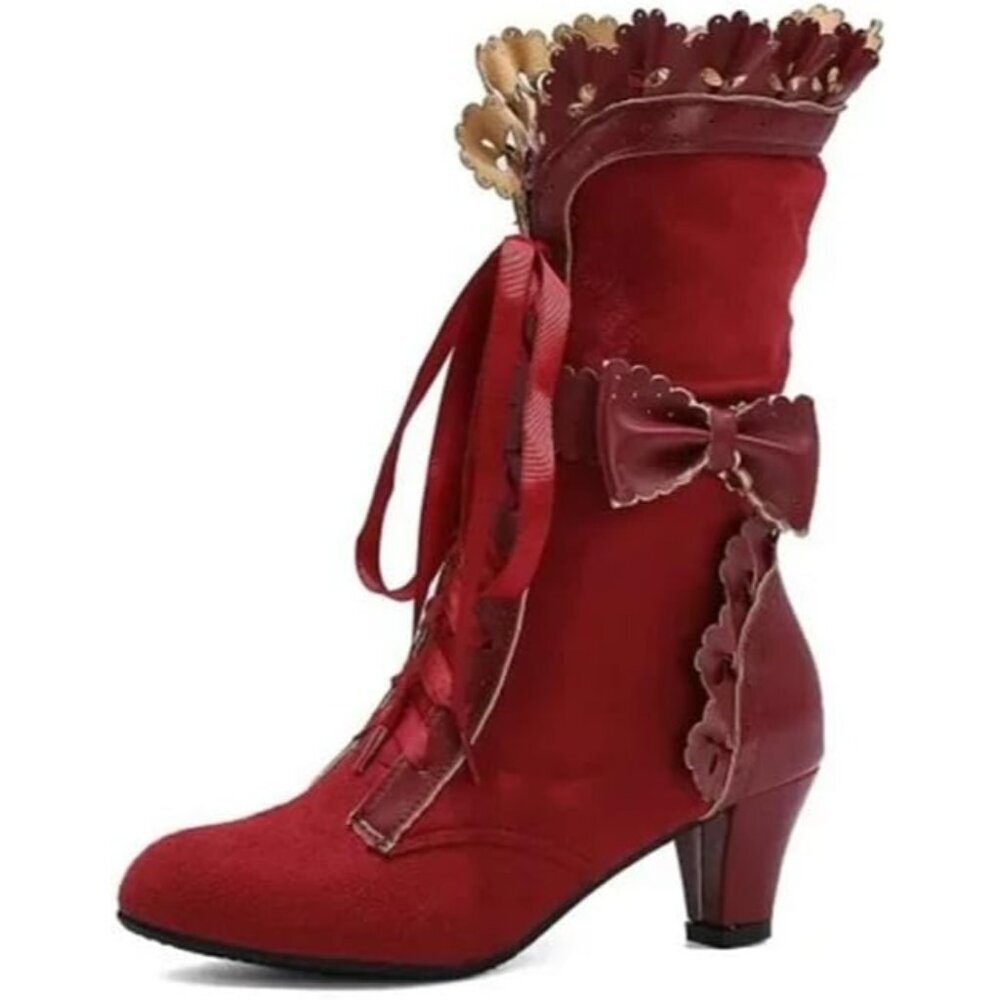 Women's Burgundy Victorian Boots Chunky Heels Lace up Cute Bow Knot Mid Calf